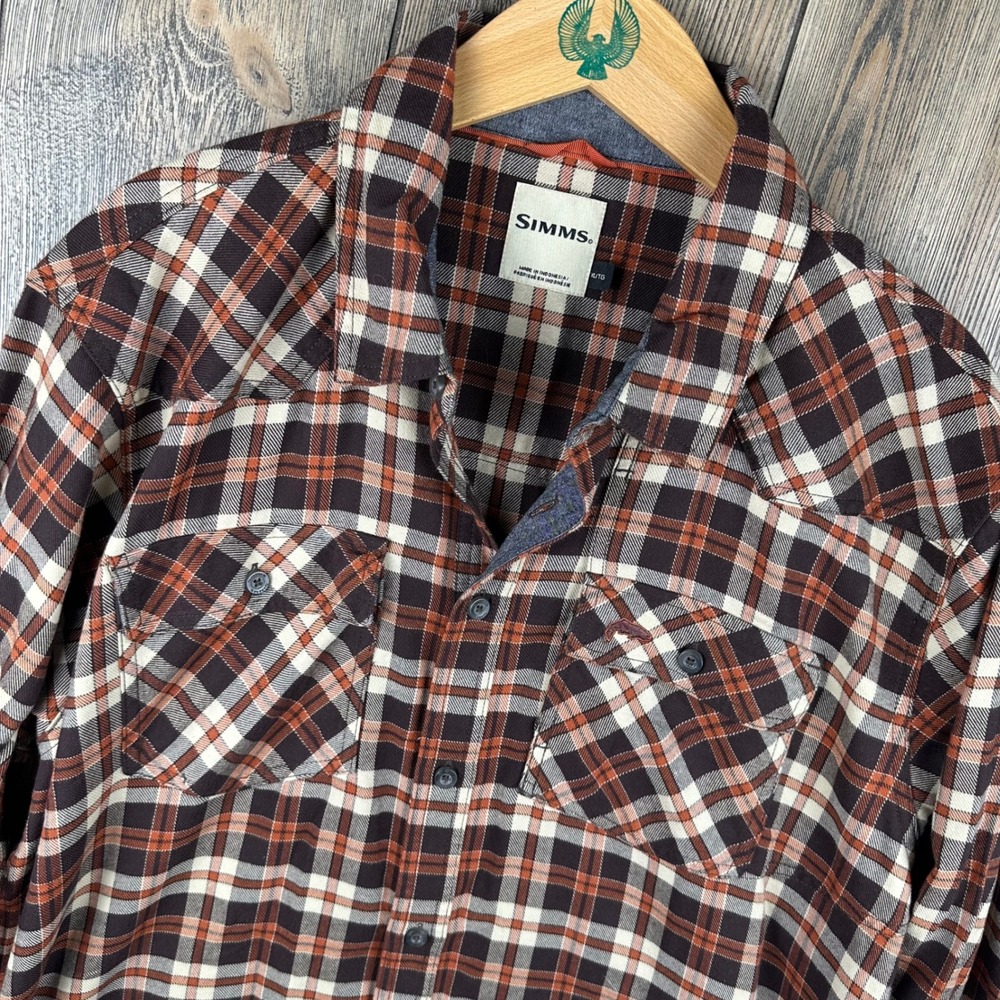 Simms Plaid Flannel Shirt Mens XL Organic Cotton Western Yoke Brown Orange